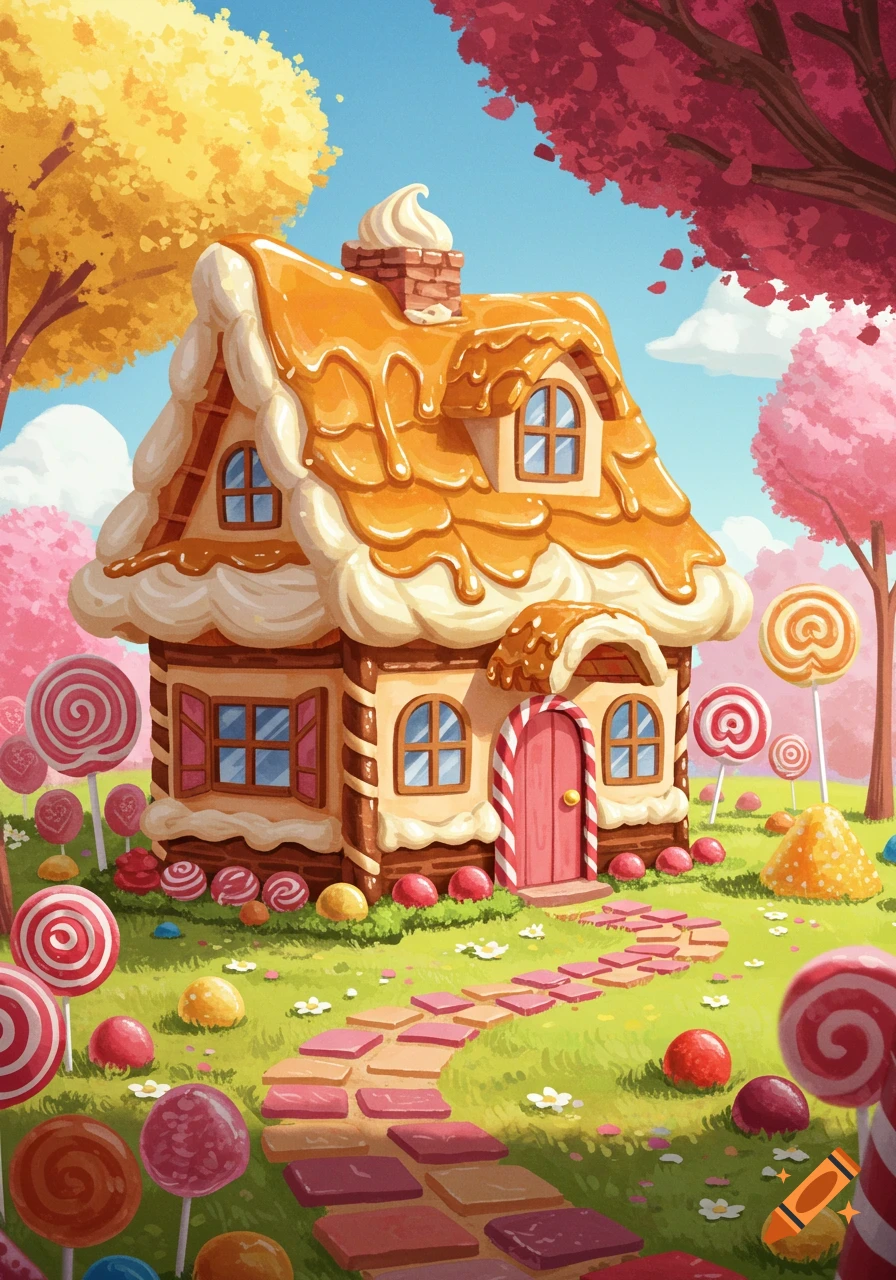 A whimsical gingerbread house covered in caramel and icing, surrounded by colorful lollipops and candies in a vibrant, illustrated candy land.
