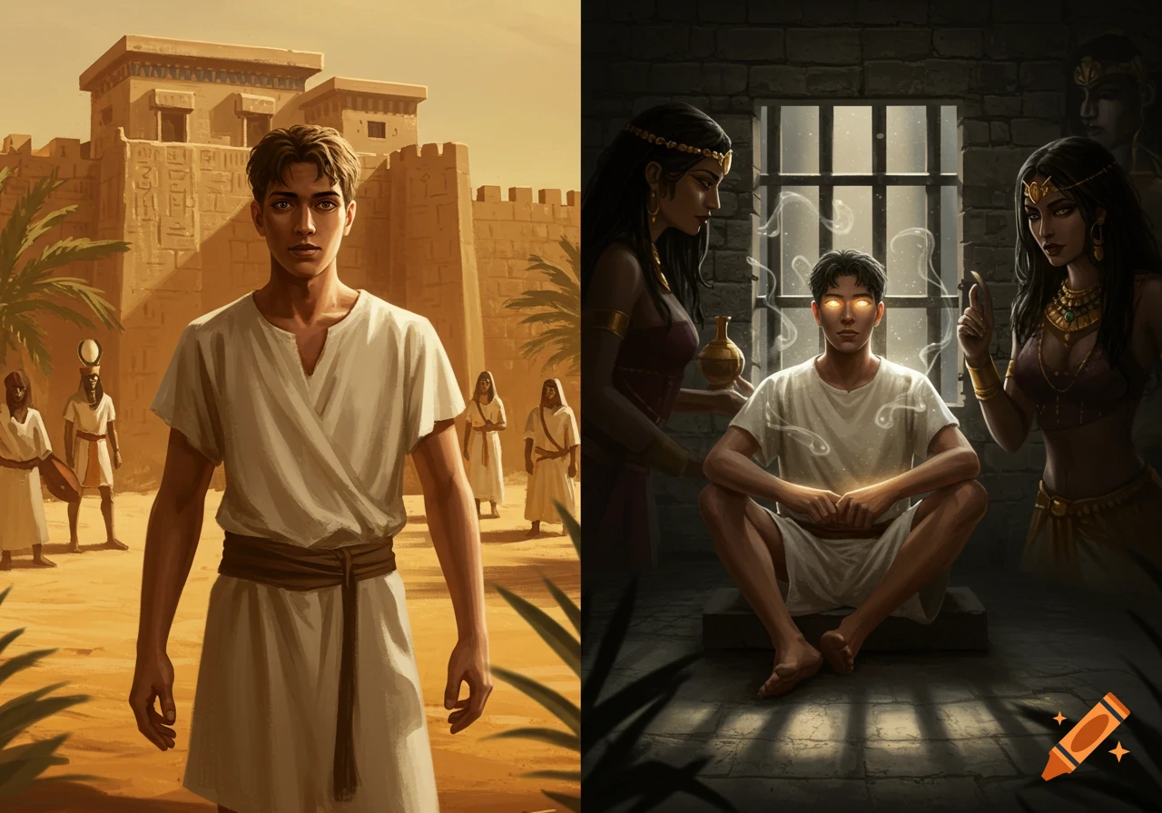 A young man in ancient Egyptian settings, depicted in two scenes: outside a city and in a prison cell with glowing eyes.