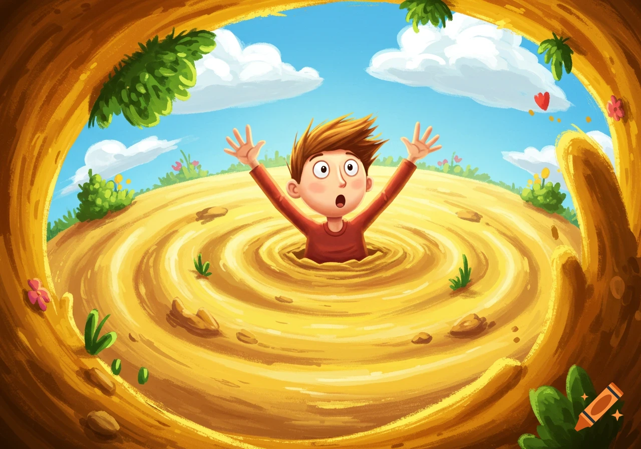 Cartoon boy with spiky hair sinking into swirling quicksand, arms raised in  surprise, in a bright, stylized outdoor scene with trees and clouds. on  Craiyon, image size:1280x896
