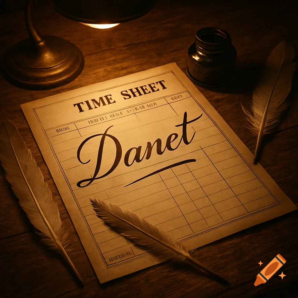 A vintage-style time sheet with 'Danet' written on it, quill pens, an inkwell, and a desk lamp on a wooden desk, lit by warm light.