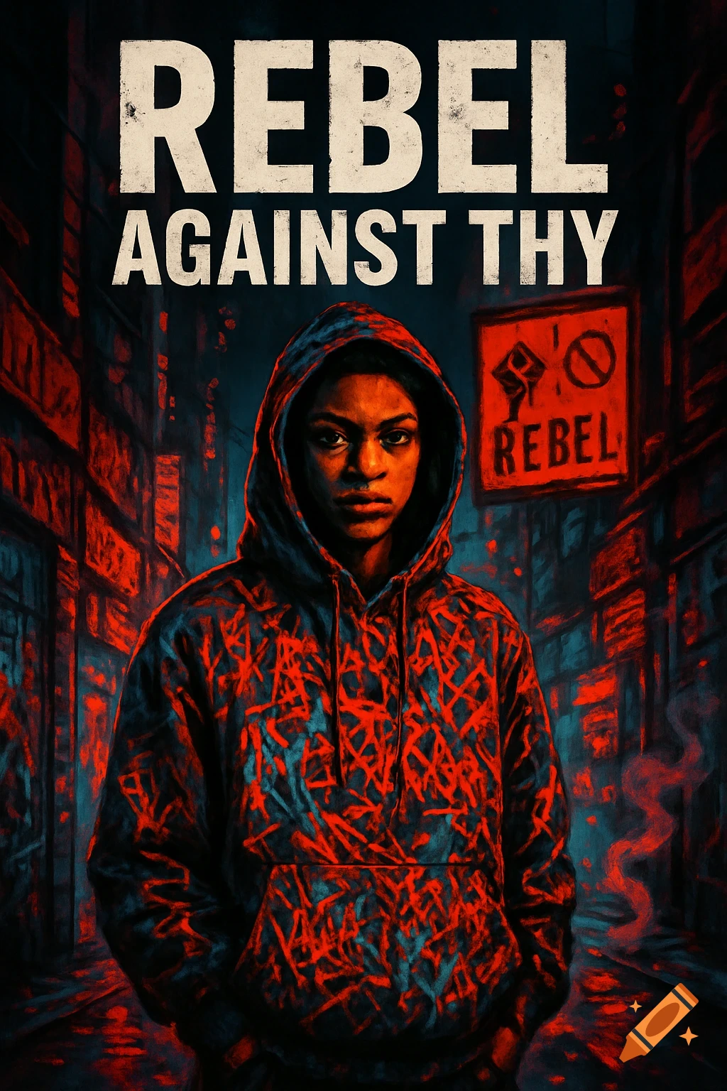 A young person in a red and blue patterned hoodie stands in a dark urban alley with a 'REBEL' sign and text 'REBEL AGAINST THY'.