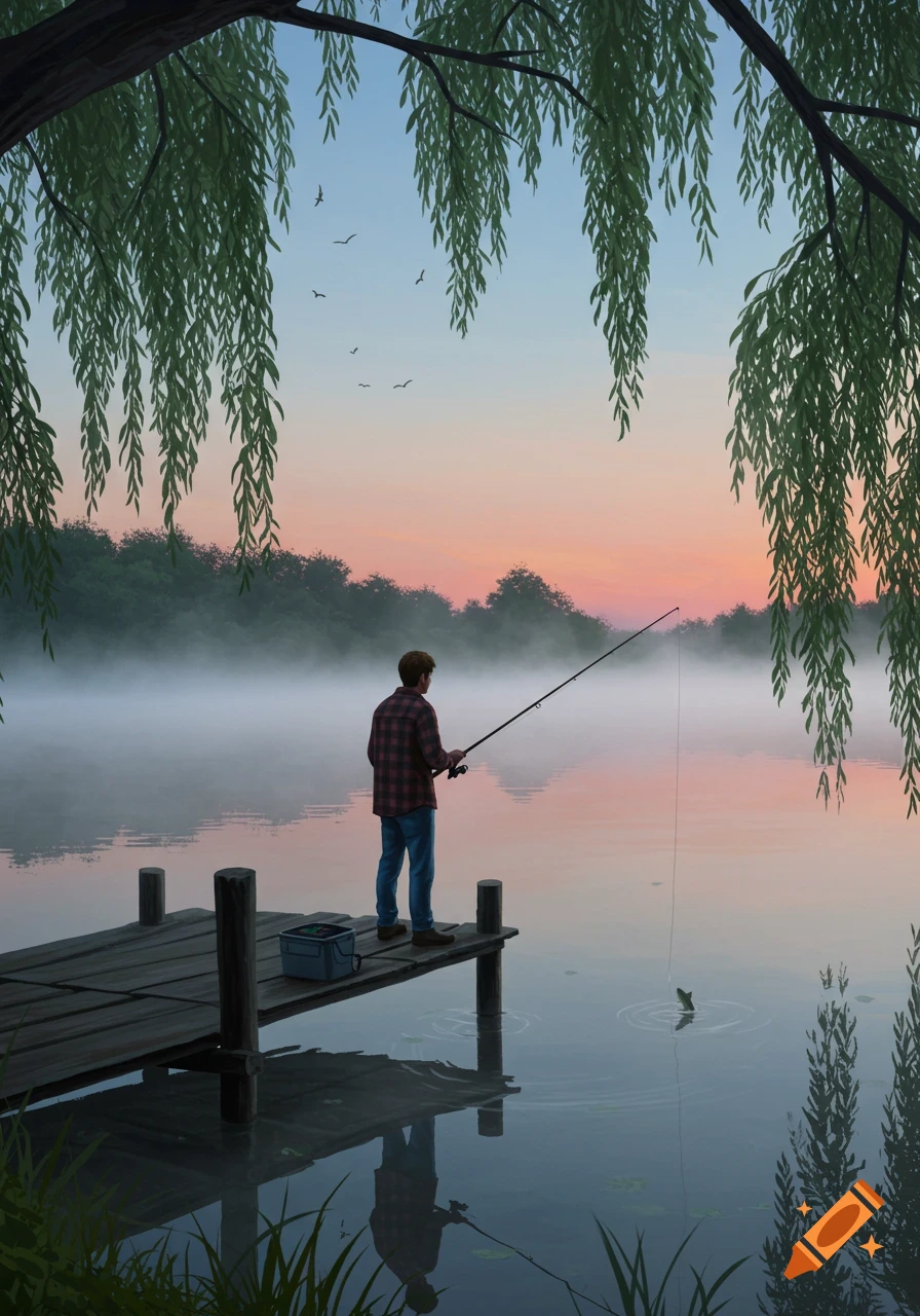 A man fishing from a wooden dock on a misty lake at sunset, framed by weeping willow branches. A fish jumps for the line.
