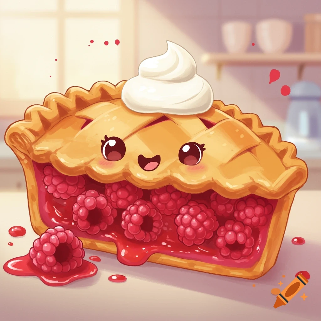 A cute, smiling cartoon raspberry pie character with whipped cream on top, overflowing with raspberries and red syrup.