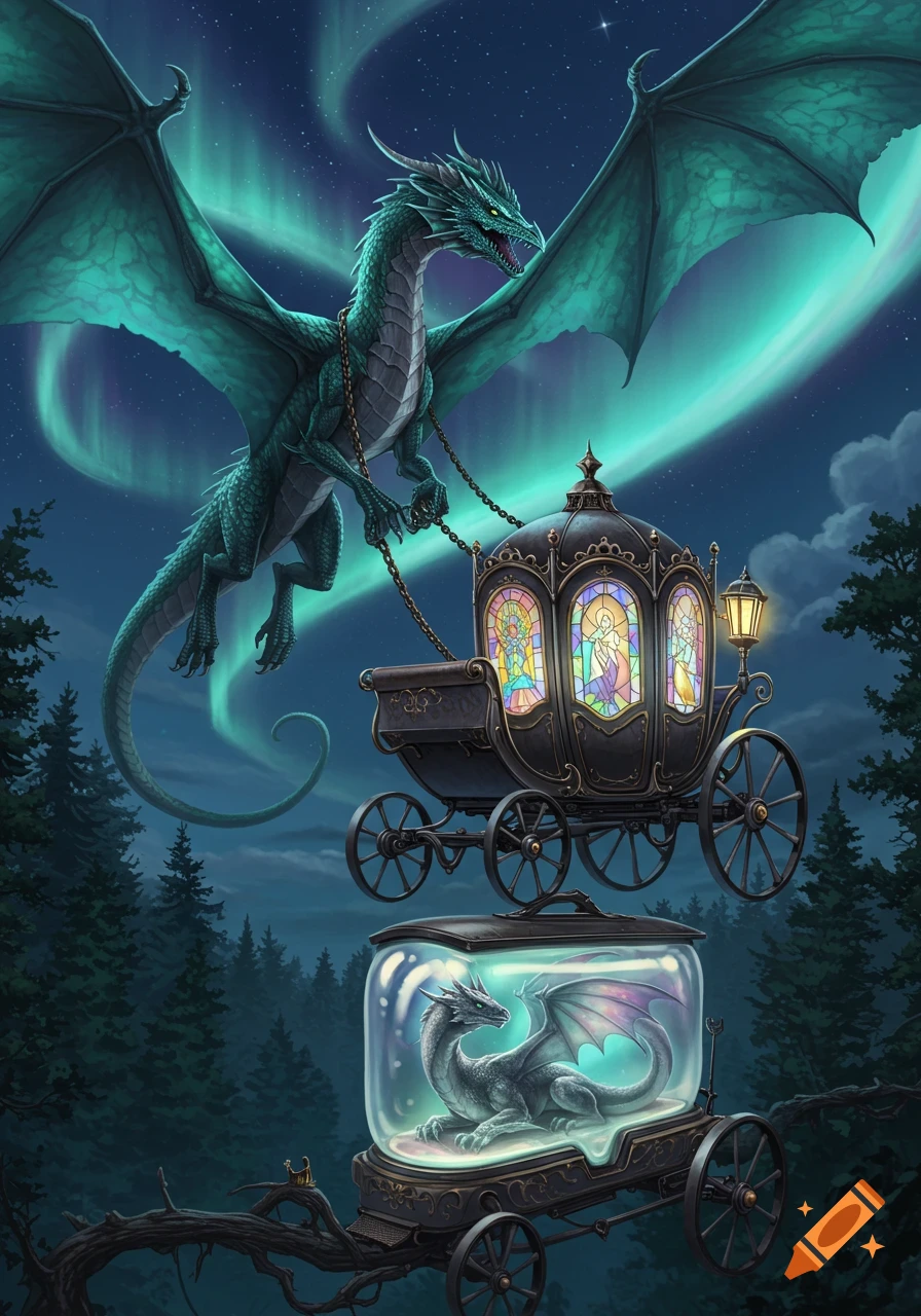 A teal dragon pulls an ornate carriage through a night sky with aurora, carrying a smaller grey dragon in a sealed container, above a forest.