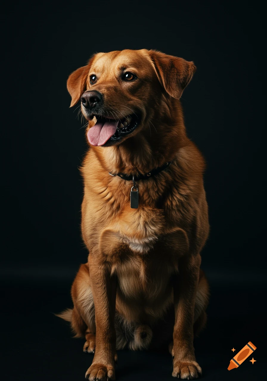 A photorealistic portrait of a golden retriever mix dog with its tongue out, sitting against a dark background.