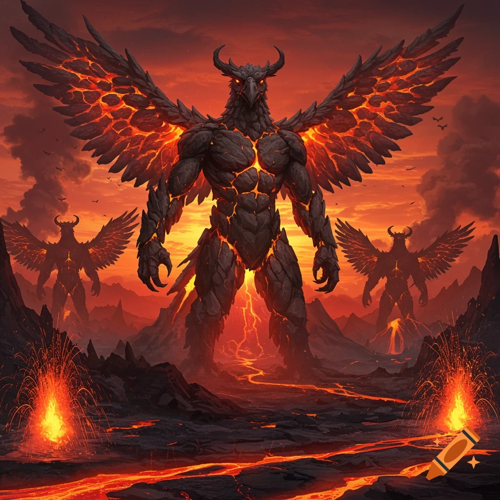 Gigantic winged rock and lava bird-like creatures stand in an epic volcanic landscape with glowing rivers and eruptions.
