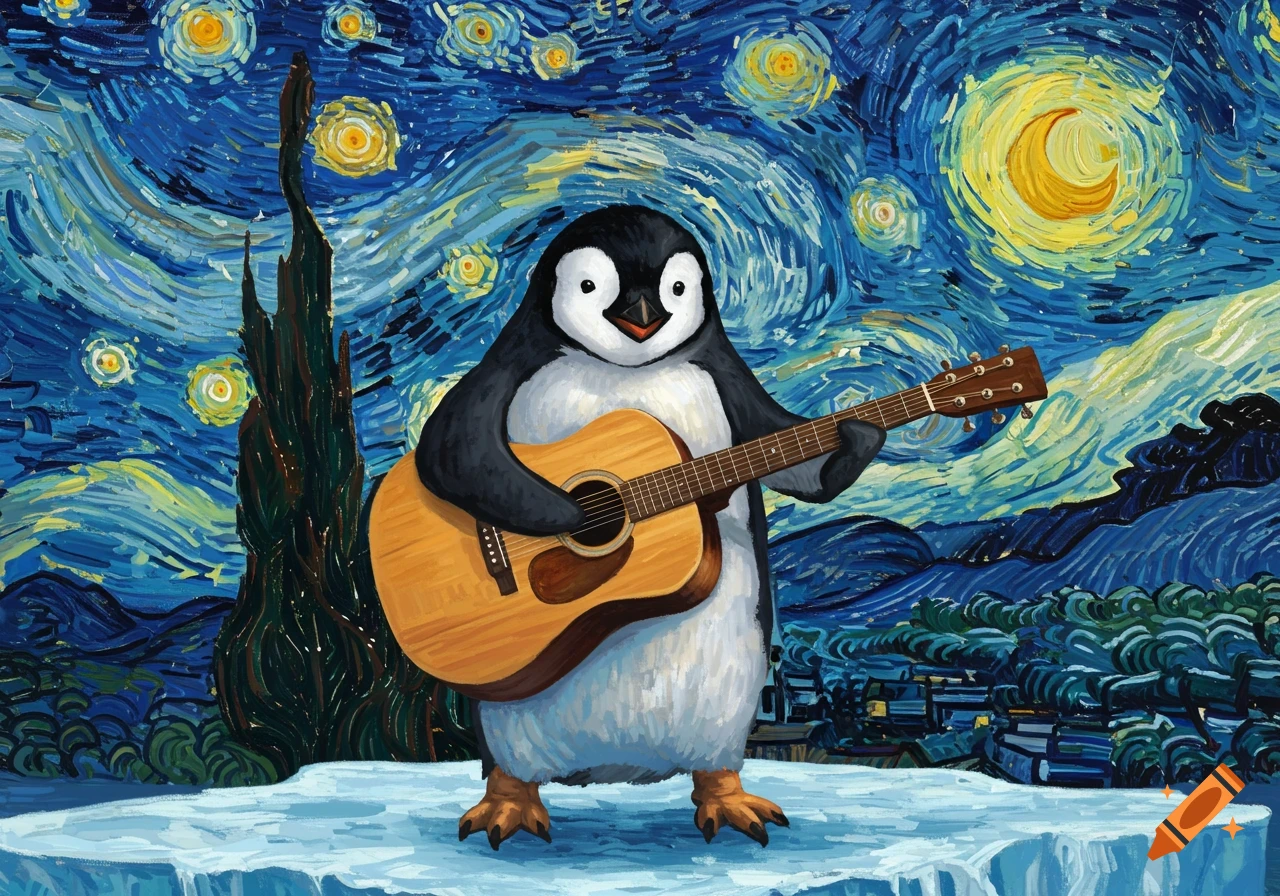 A cartoon penguin plays an acoustic guitar on ice, set against a vibrant, swirling night sky in the style of Van Gogh.