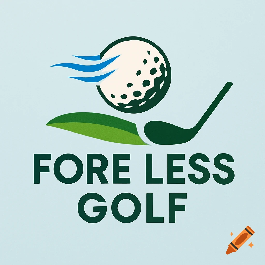 A logo for "Fore Less Golf" with a golf ball, a golf club, a green leaf, and blue waves on a light blue background.