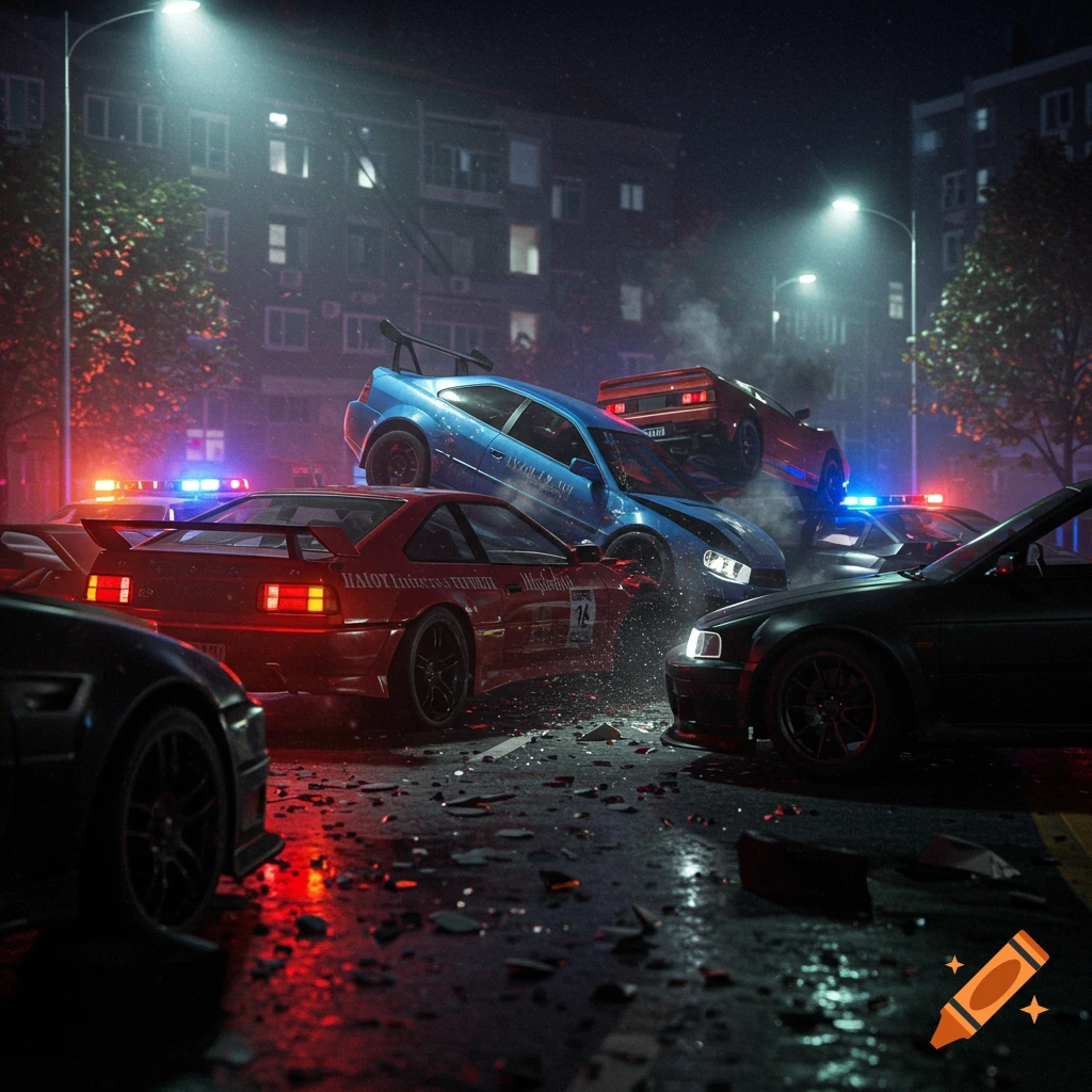 A dramatic night scene of a multi-car pile-up on a wet urban street with flashing police lights, debris, and reflections.