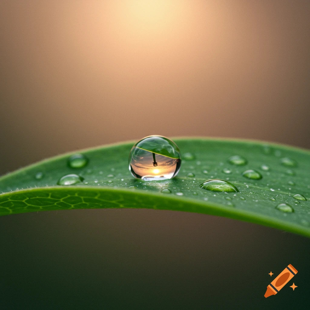 A close-up macro shot of a single water droplet on a green leaf, reflecting a sunset and a silhouetted structure.