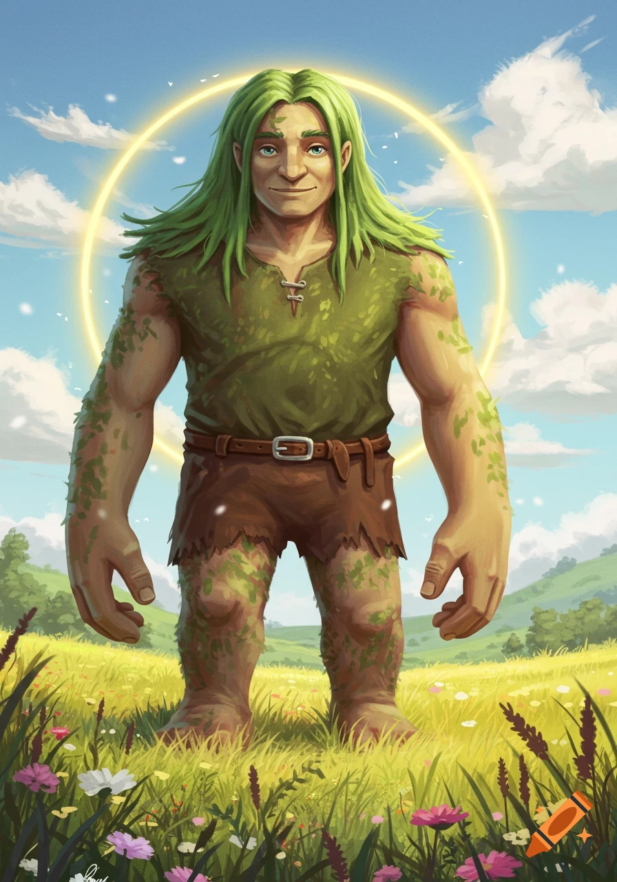 A friendly green-haired giant with leaf-covered skin stands in a sunny, flower-filled meadow under a blue sky.