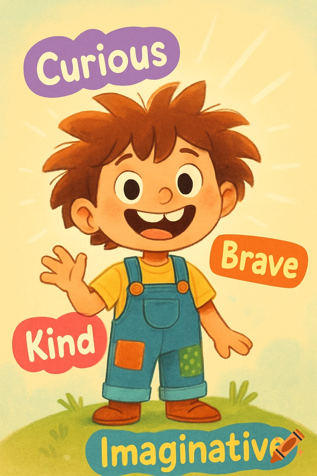 A happy cartoon boy in blue overalls stands on a green hill, surrounded by labels like 'Curious', 'Brave', 'Kind', and 'Imaginative' in a bright, friendly children's illustration style.