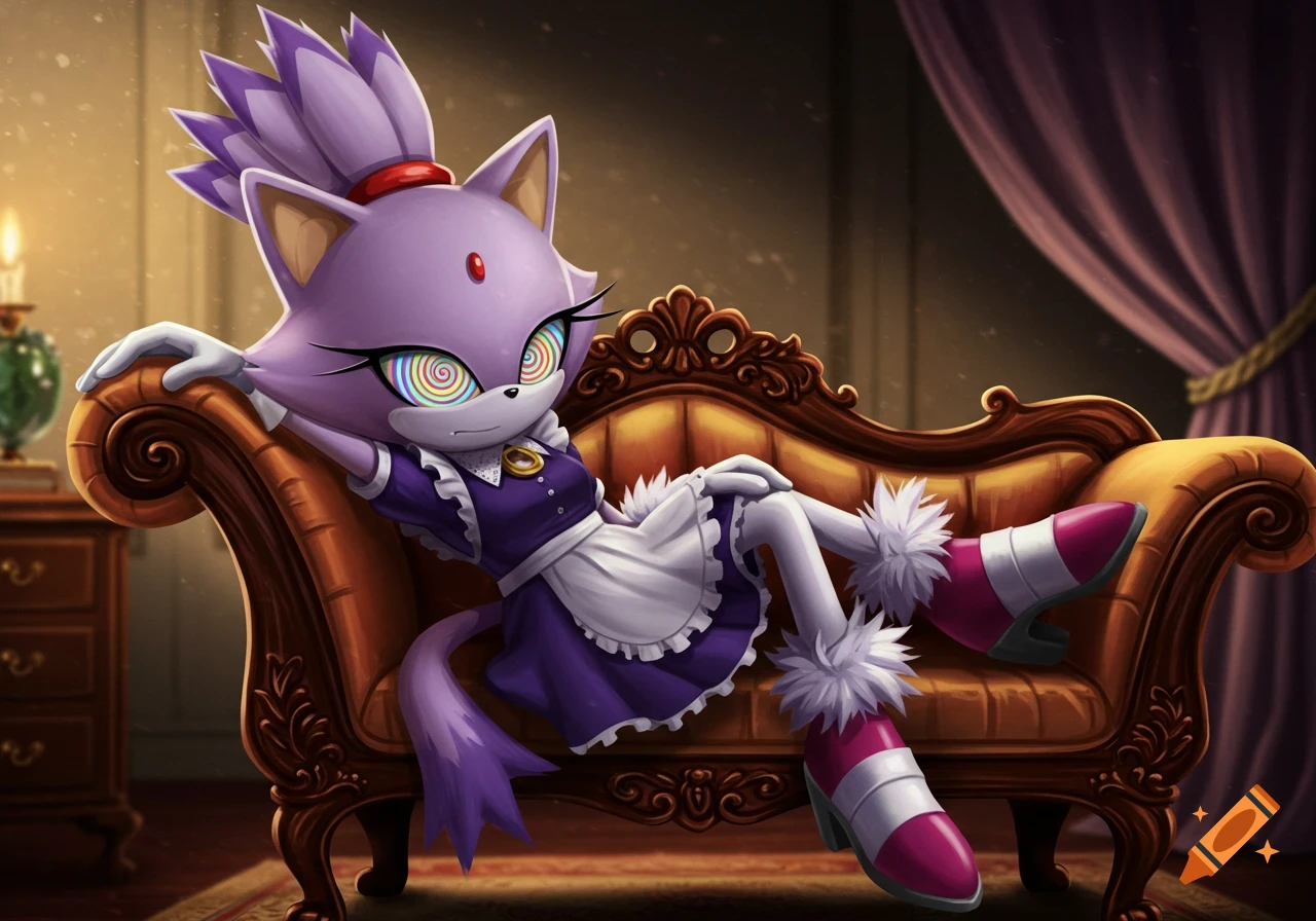 Blaze the Cat in a maid outfit with hypnotized spiral eyes reclines on an ornate golden sofa, digital art.