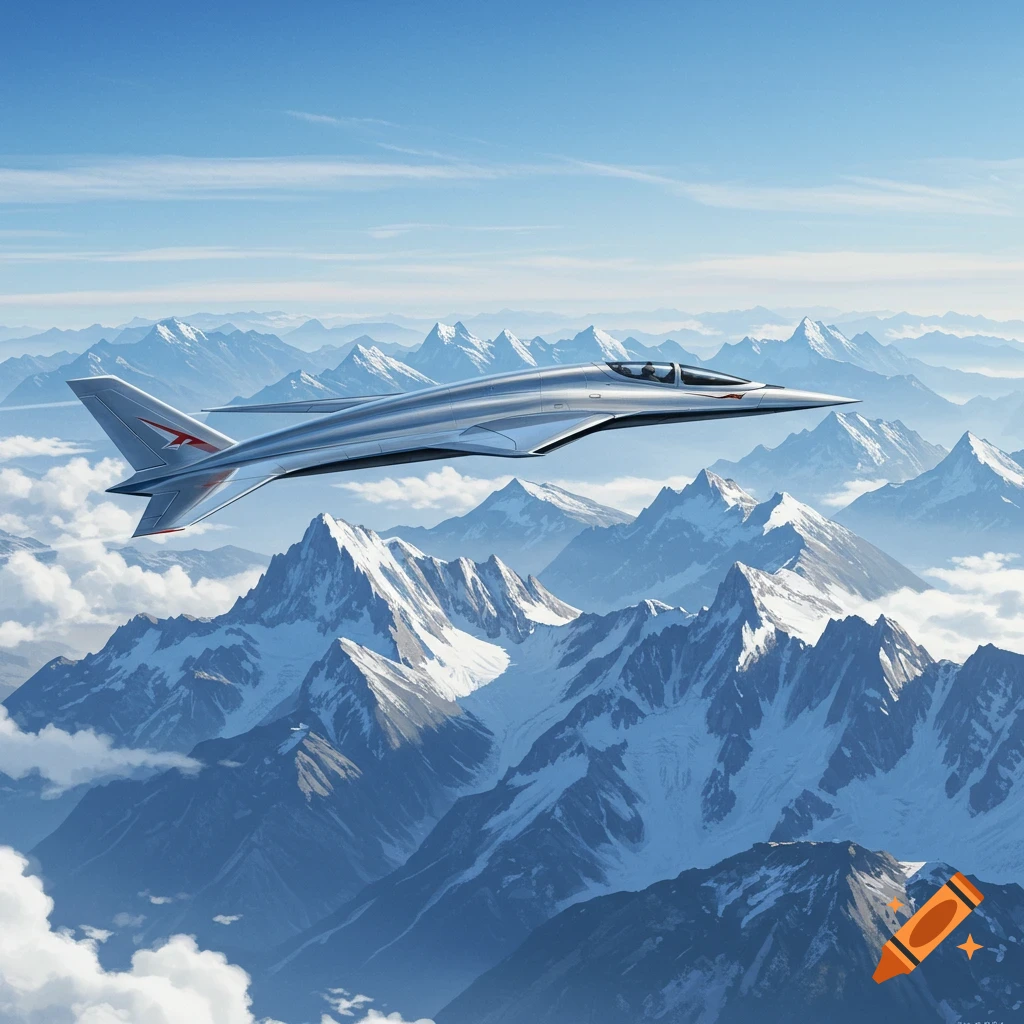 A sleek silver jet aircraft flies over snow-capped mountains under a blue sky.