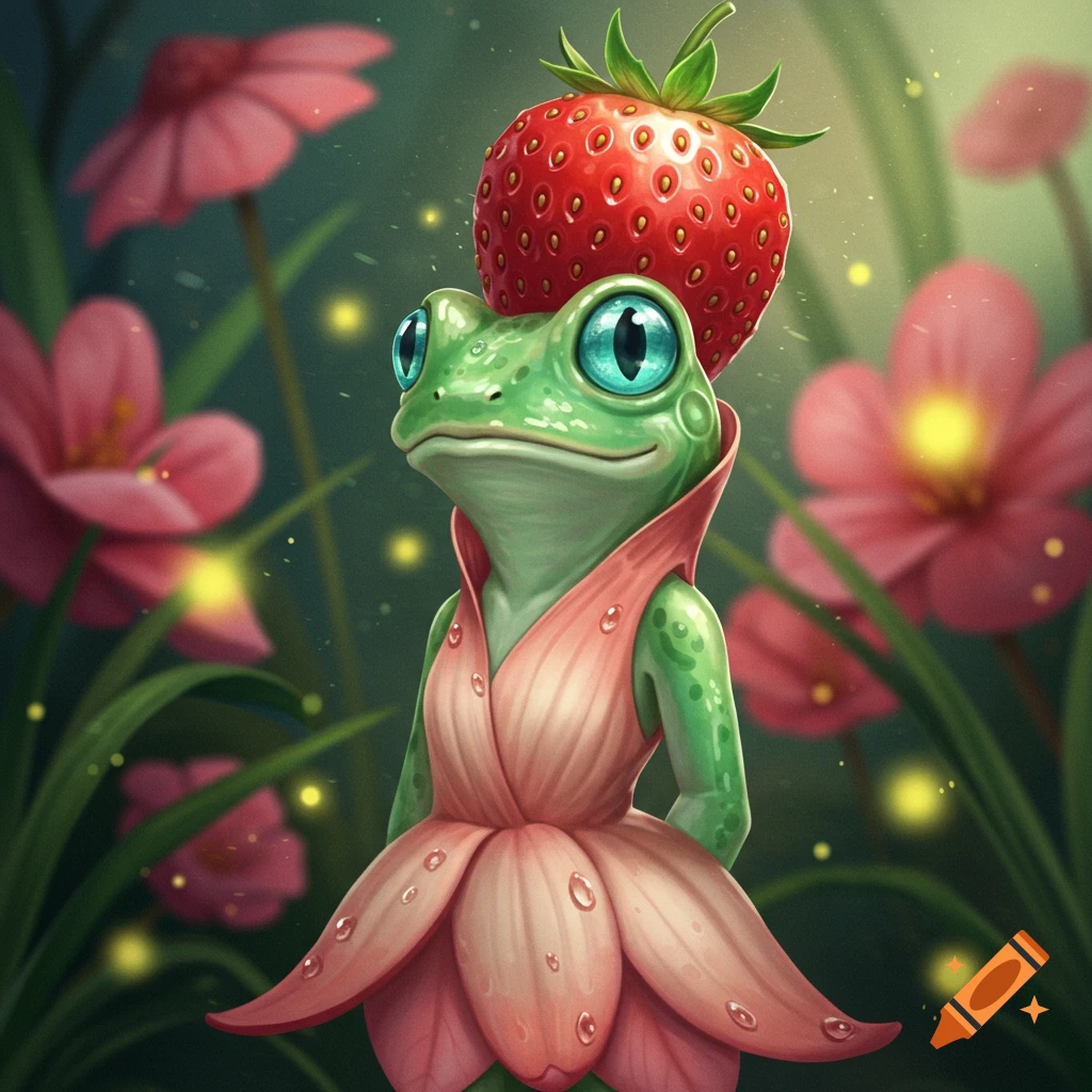 A cute green humanoid frog wearing a pink floral dress and a strawberry hat in a whimsical forest with glowing flowers.
