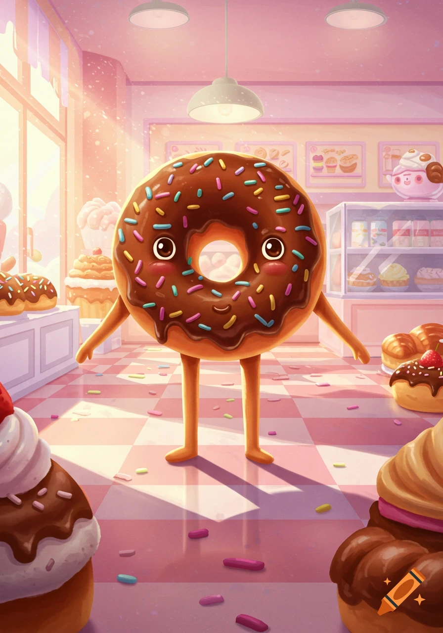 Cute anthropomorphic chocolate donut with sprinkles stands in a whimsical pink bakery, surrounded by other sweets.