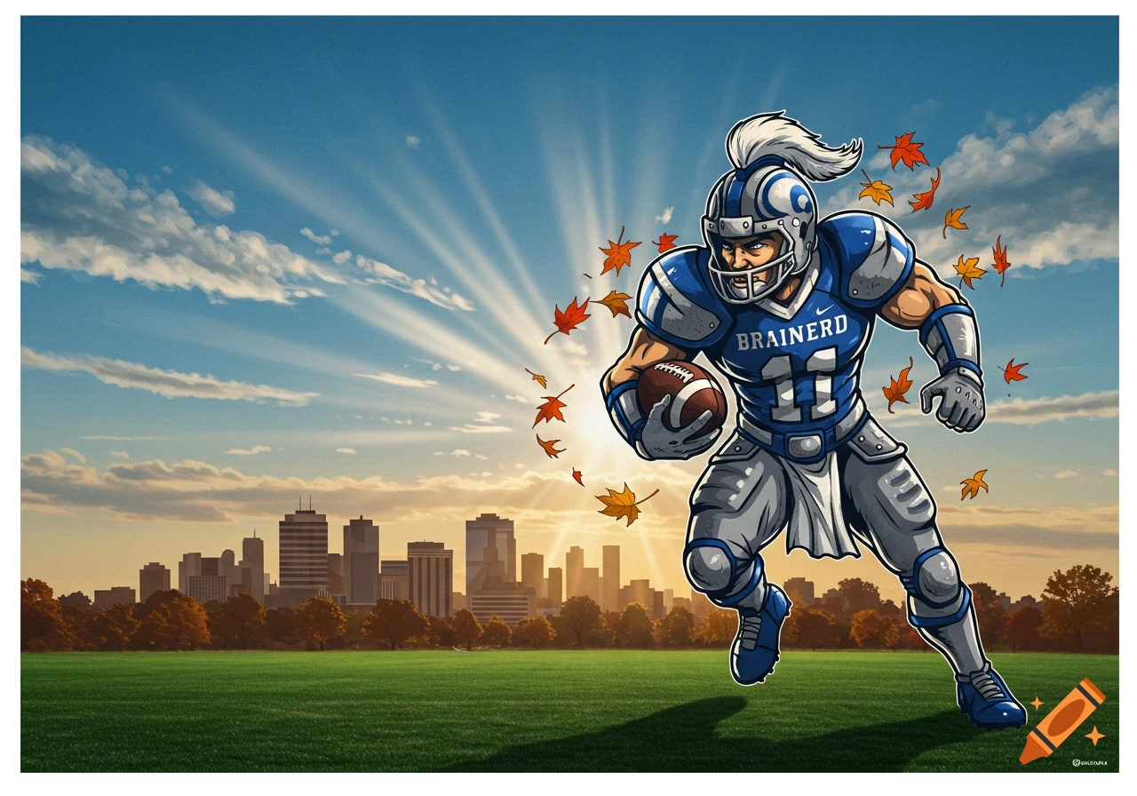 Cartoon football player in blue 'BRAINERD' jersey running with ball, autumn leaves, city skyline at sunset in background.