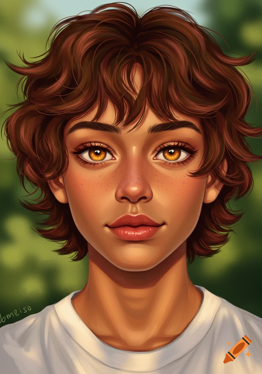 Digital painting of a young person with short brown hair, amber eyes, and freckles, wearing a white shirt.