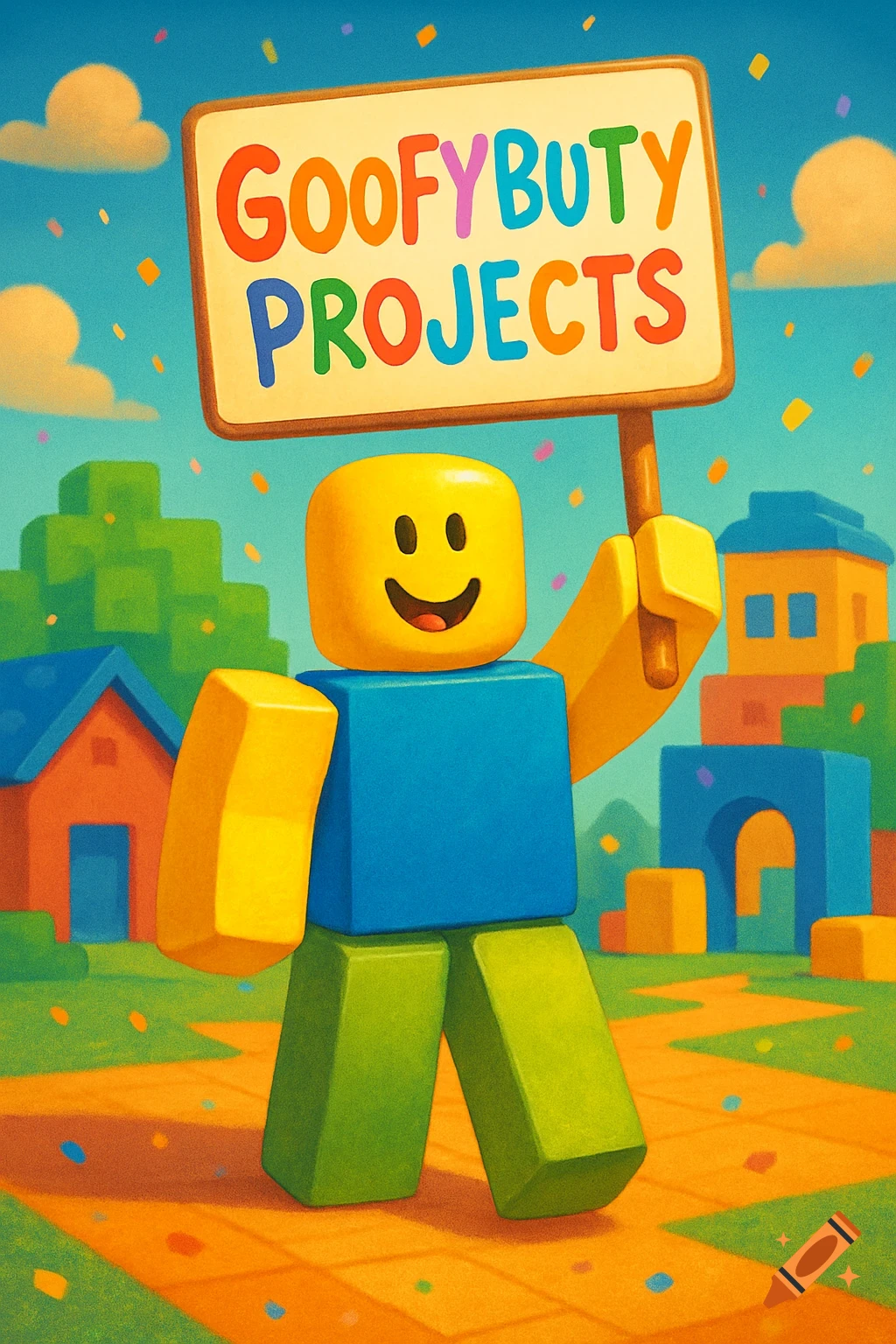 A smiling Roblox character holds a sign that says 'GOOFYBUTY PROJECTS' in a vibrant, blocky, cartoon world with confetti.