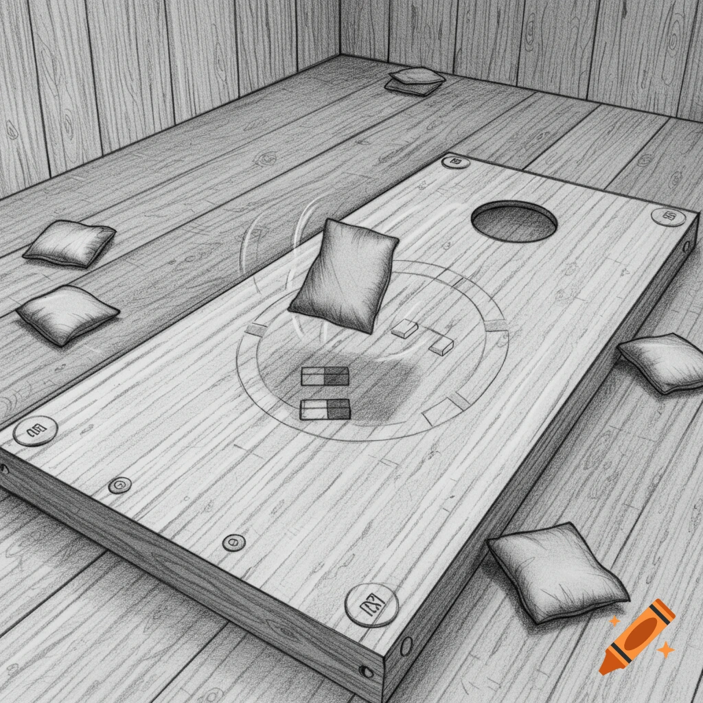 Pencil drawing of a cornhole board with magnetic zones on a wooden floor, a bean bag falling onto it, and other bean bags scattered.