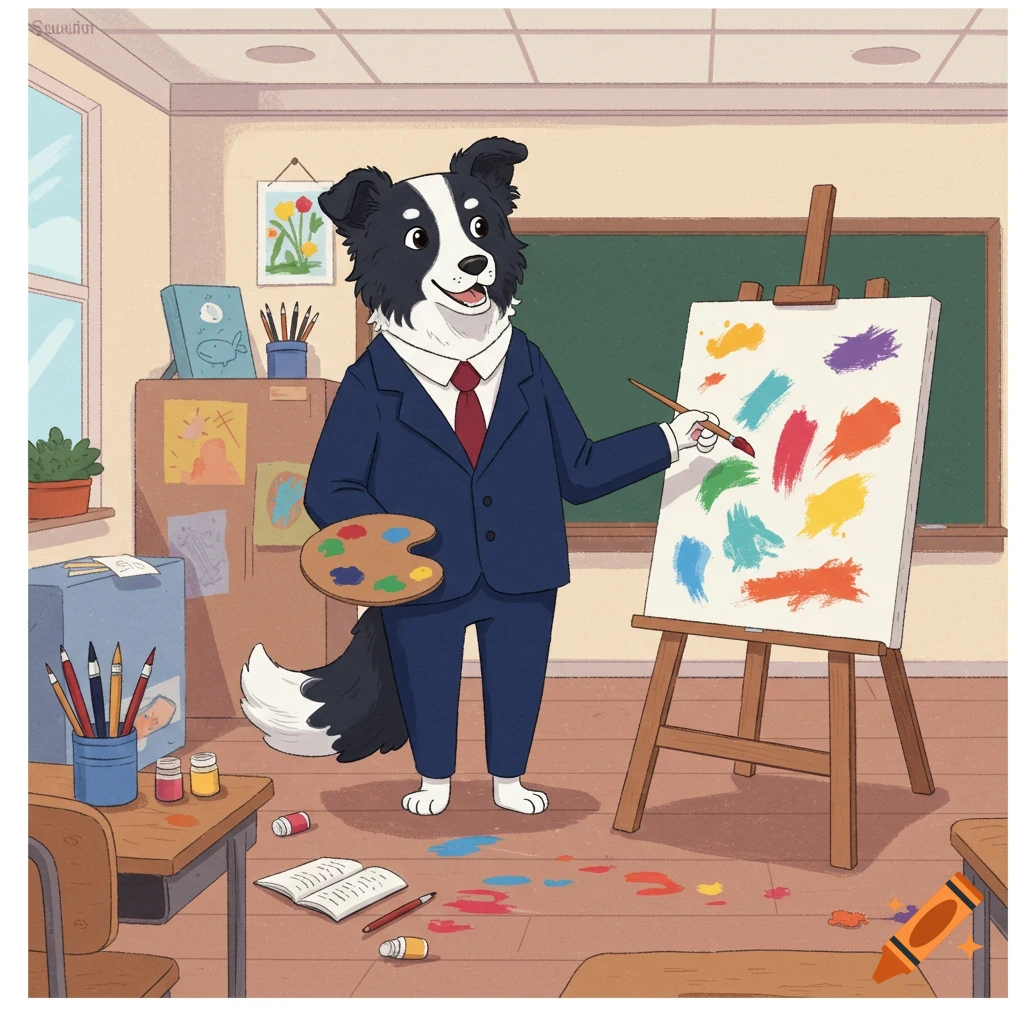 A cartoon border collie teacher in a suit paints on an easel in a colorful art classroom with paint splatters on the floor.