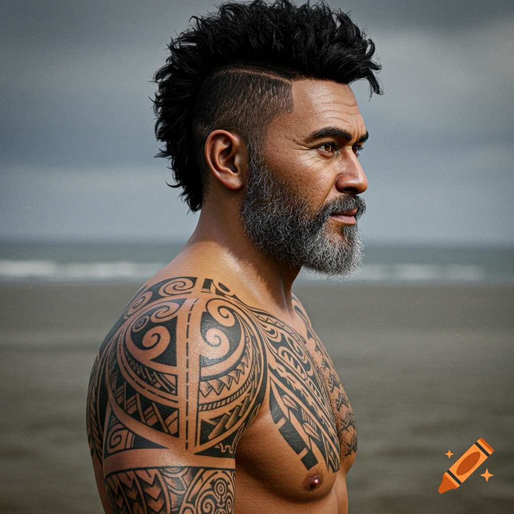 Realistic photo of a shirtless Samoan man with tribal tattoos, a burst mullet, and a salt-and-pepper beard on a beach.