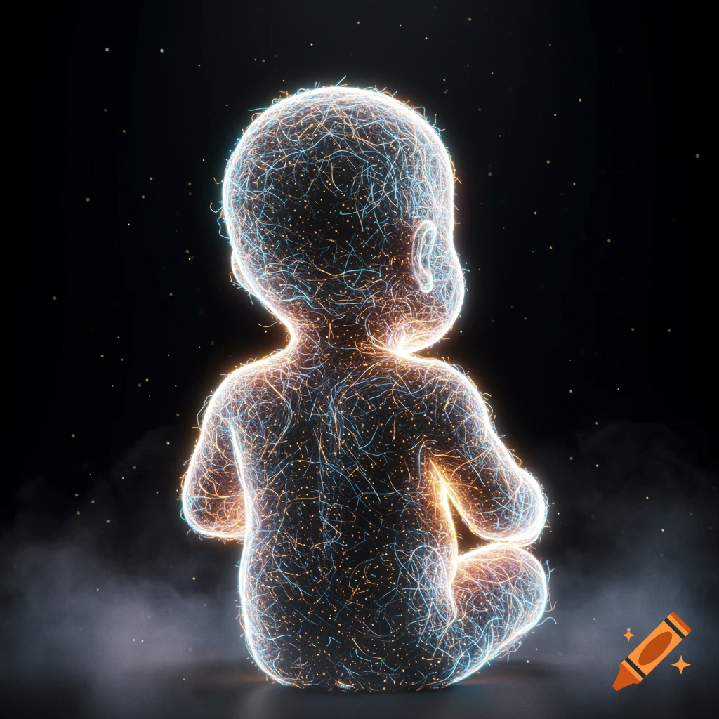 Back of a baby formed by glowing orange and blue light particles on a dark background with subtle mist.