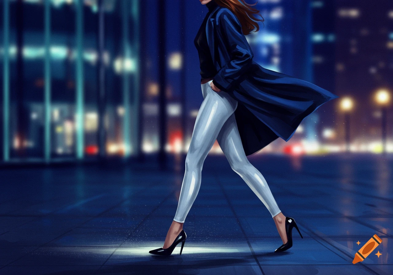 A digitally illustrated woman in a blue coat, white leggings, and black heels walks on a city street at night.