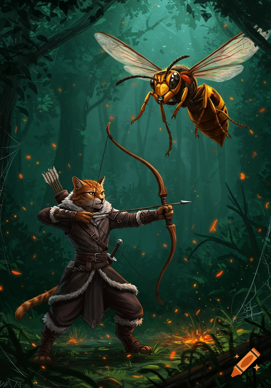 An anthropomorphic cat archer aims a bow at a giant flying wasp in a dark, glowing forest, digital art.