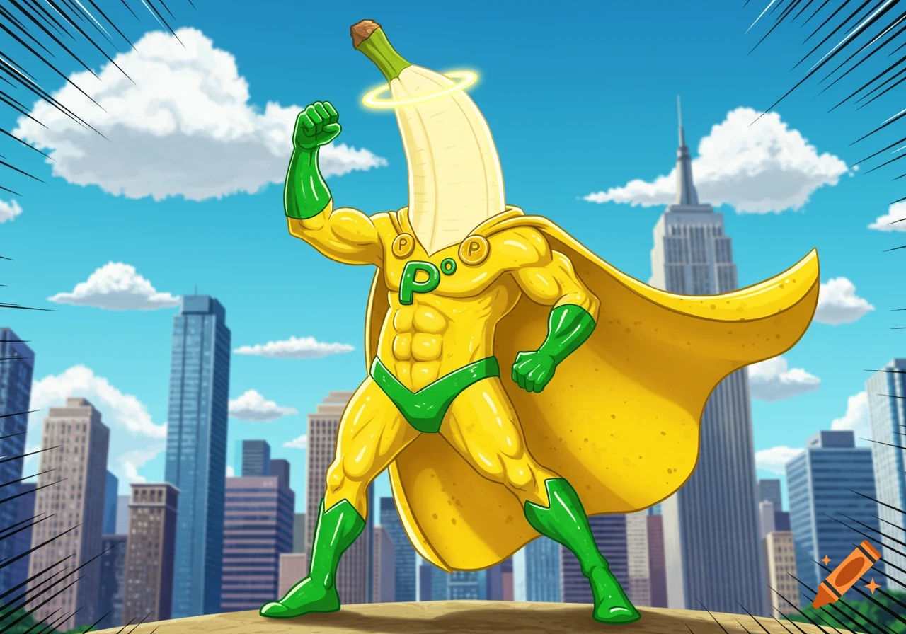 Cartoon banana superhero in a yellow and green suit and cape, posing triumphantly against a city skyline with skyscrapers.
