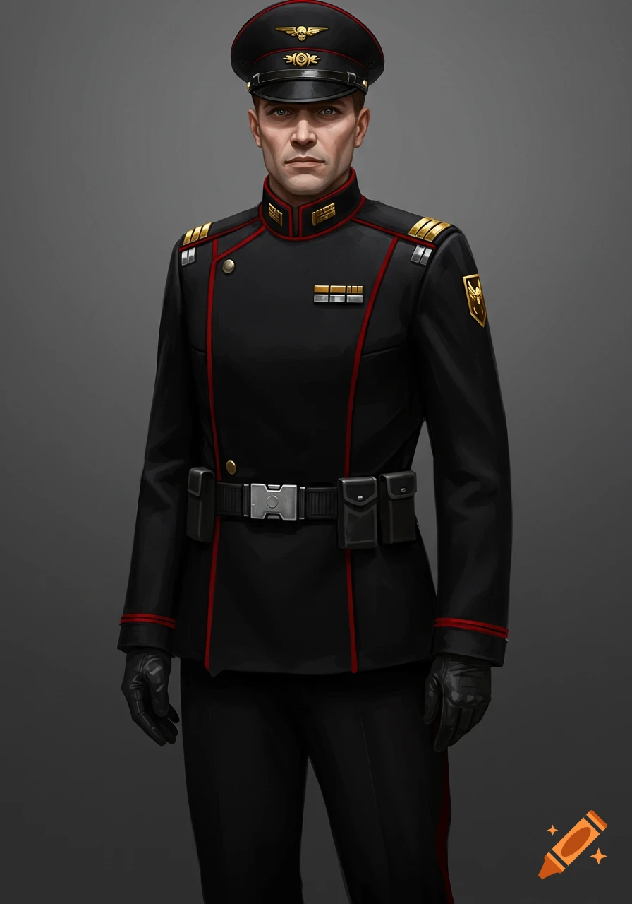 Man in a black and red sci-fi military uniform with gold insignias, field cap, and gloves, standing.