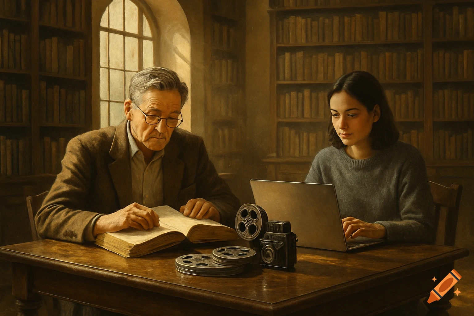 An older man reads a book and a younger woman types on a laptop at a wooden desk in a sunlit library with film items, in a realistic style.