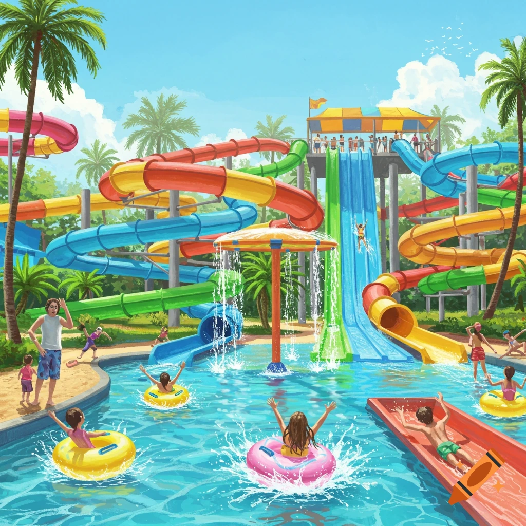 Vibrant illustration of a bustling water park with colorful slides, people swimming in pools, and palm trees under a sunny sky.