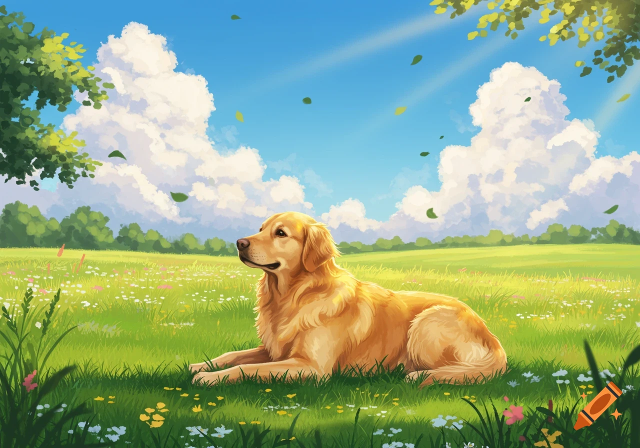 A vibrant illustration of a golden retriever dog relaxing in a sunny green field with wildflowers under a blue sky.