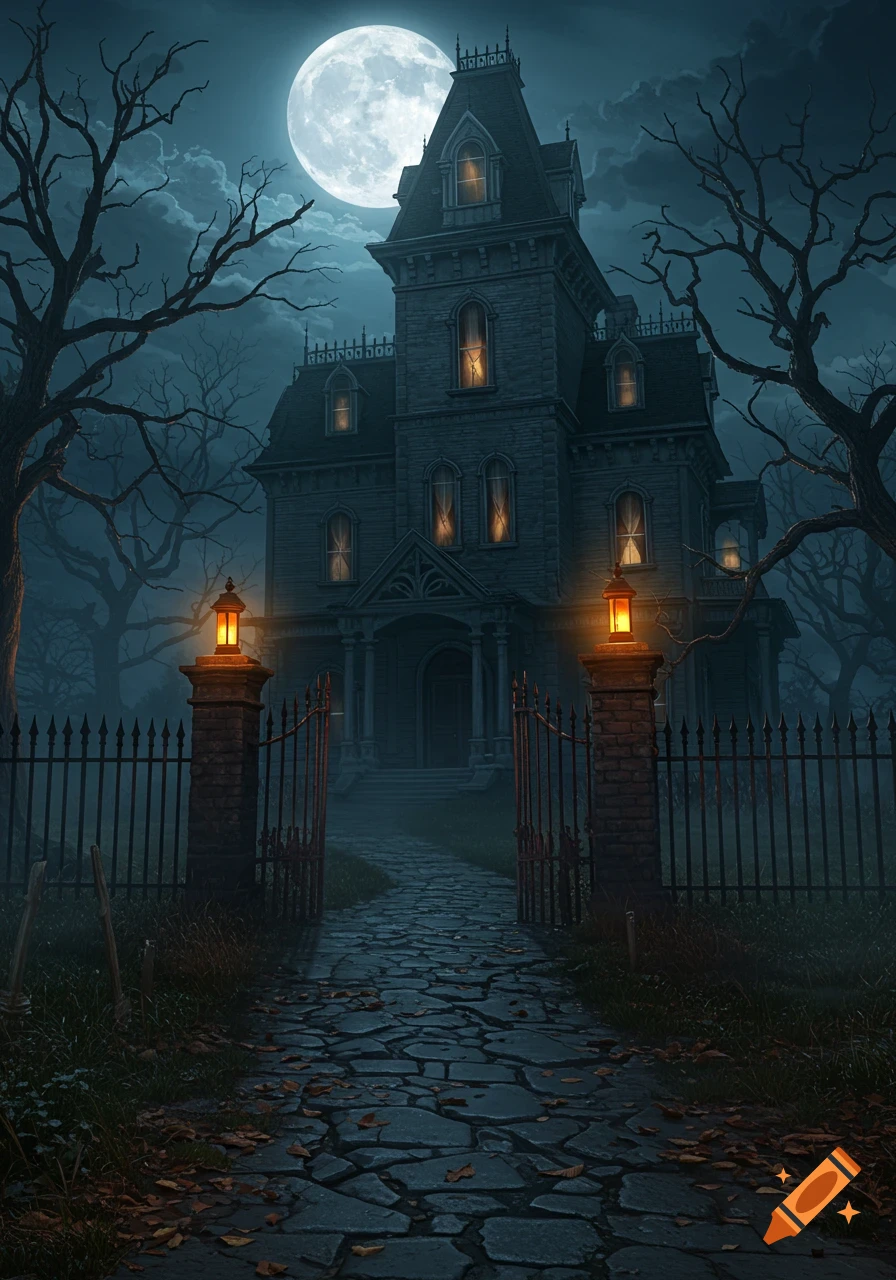 A spooky gothic haunted house at night, lit by a full moon, with bare trees and an open iron gate leading to a stone path.