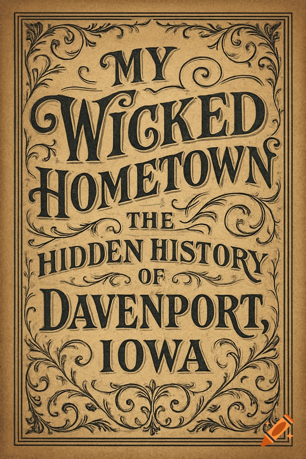 Vintage Victorian book cover with ornate borders, reading 'My Wicked Hometown: The Hidden History of Davenport, Iowa'.