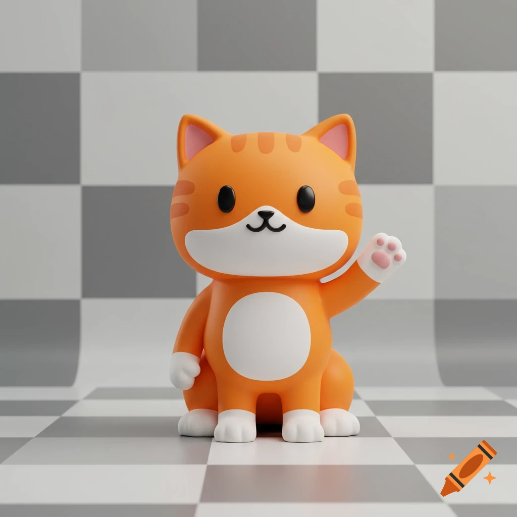 A cute orange and white cartoon cat figurine with stripes waves, standing on a grey and white checkerboard surface.