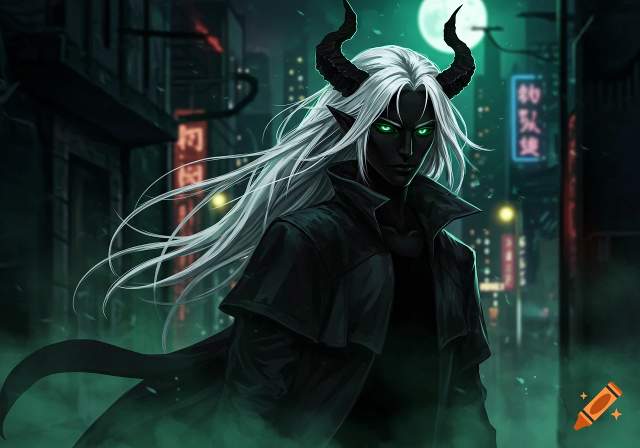 A stylized anime-daemon with dark skin, white hair, glowing green eyes, and horns, wearing a trench coat in a dark, neon-lit urban alley.