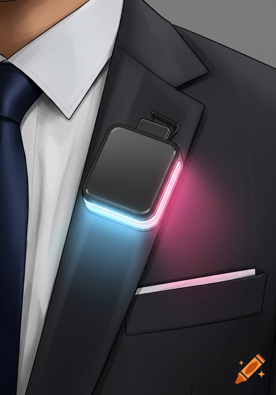A drawing of a small, black, glowing box-like device clipped to the lapel of a dark suit, white shirt, and blue tie.