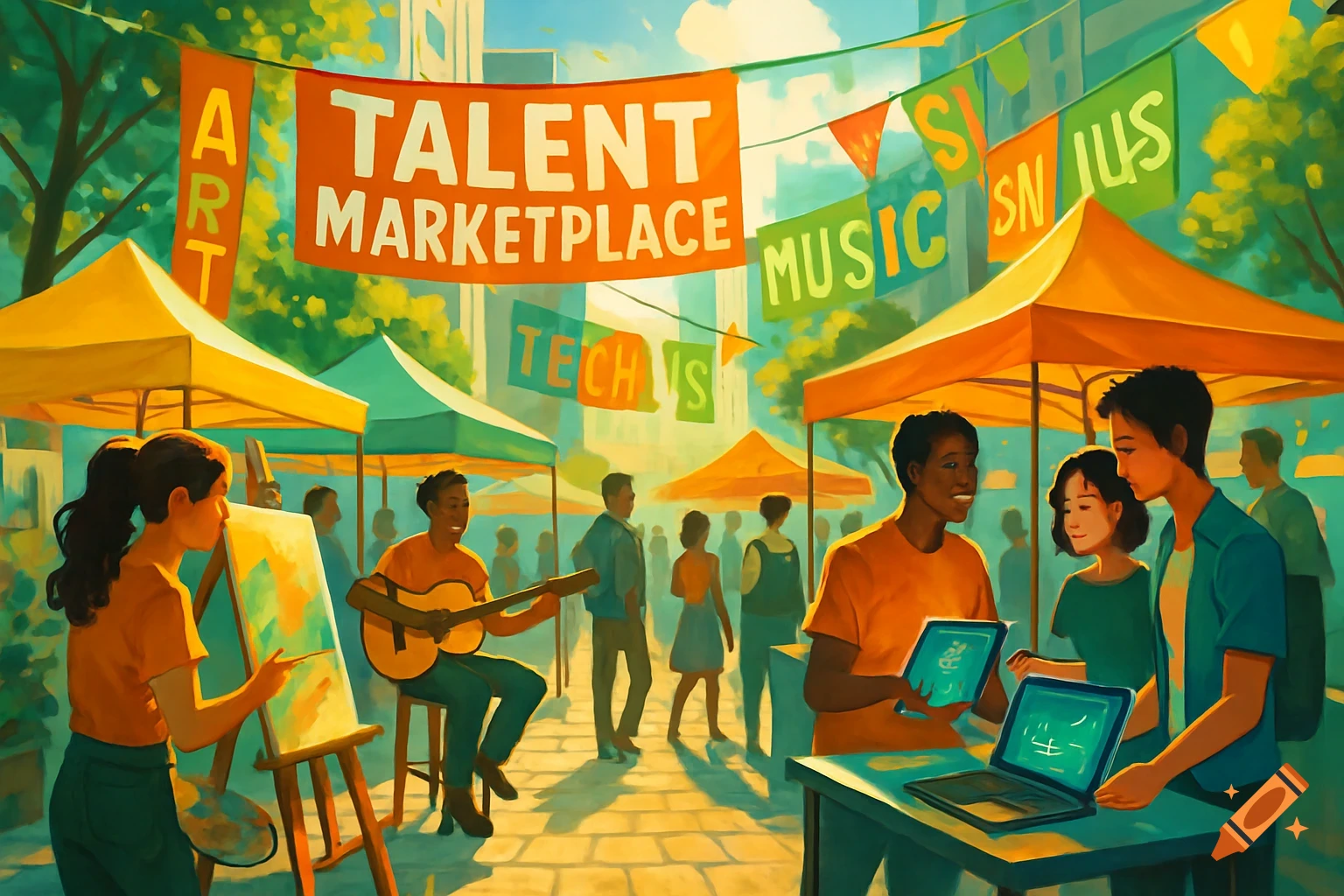 Vibrant outdoor talent marketplace with people painting, playing guitar, and demonstrating technology under colorful banners.