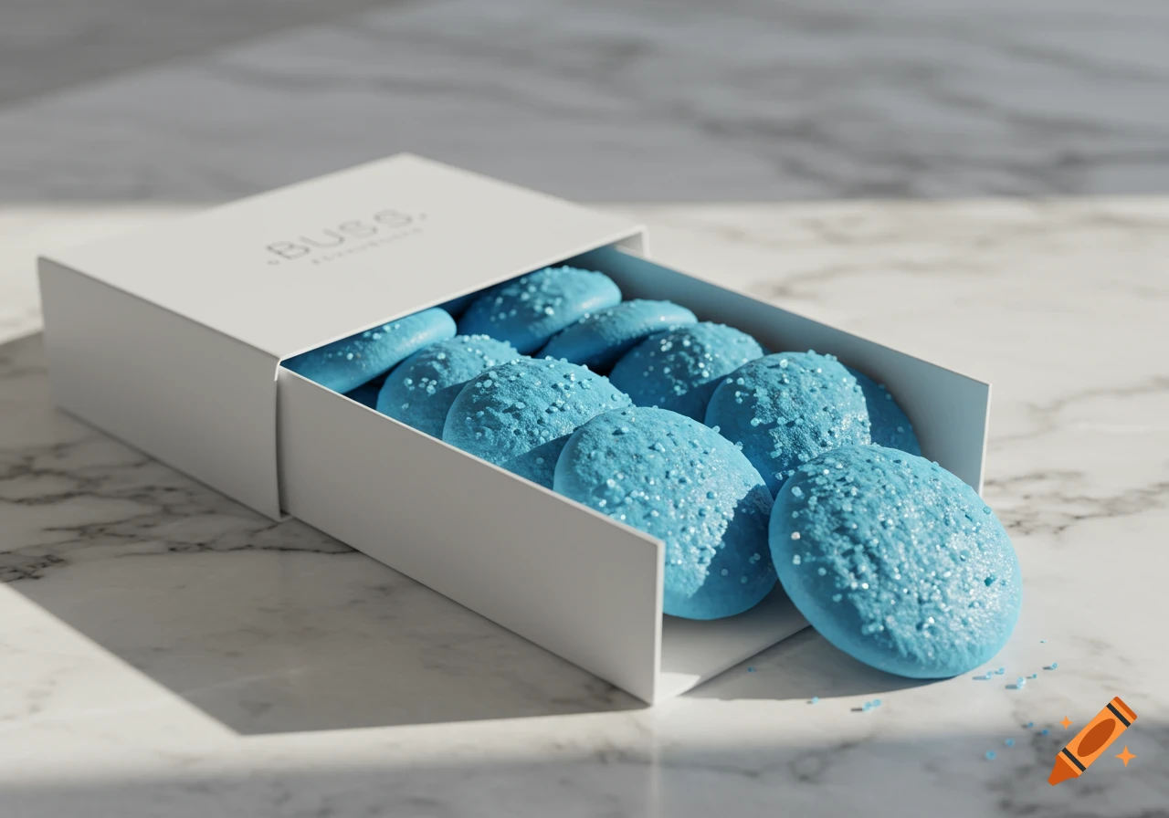 Photorealistic image of blue, sprinkle-covered cookies in a white box on a marble surface.