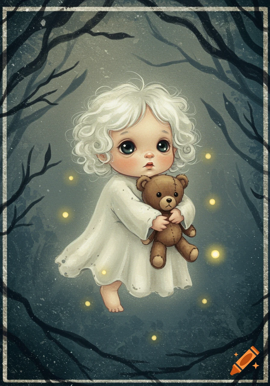 A cute, cartoonish ghost child with white curly hair, wearing a white gown, holds a teddy bear in a dark, stylized forest with glowing lights.