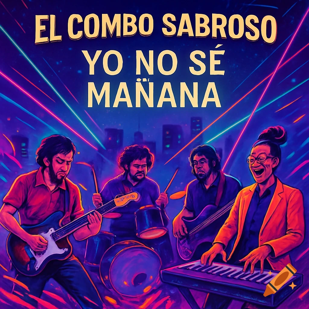 A vibrant illustration of a four-member band performing live with neon lights and a city skyline background. Text 'EL COMBO SABROSO YO NO S MA A ANA'.