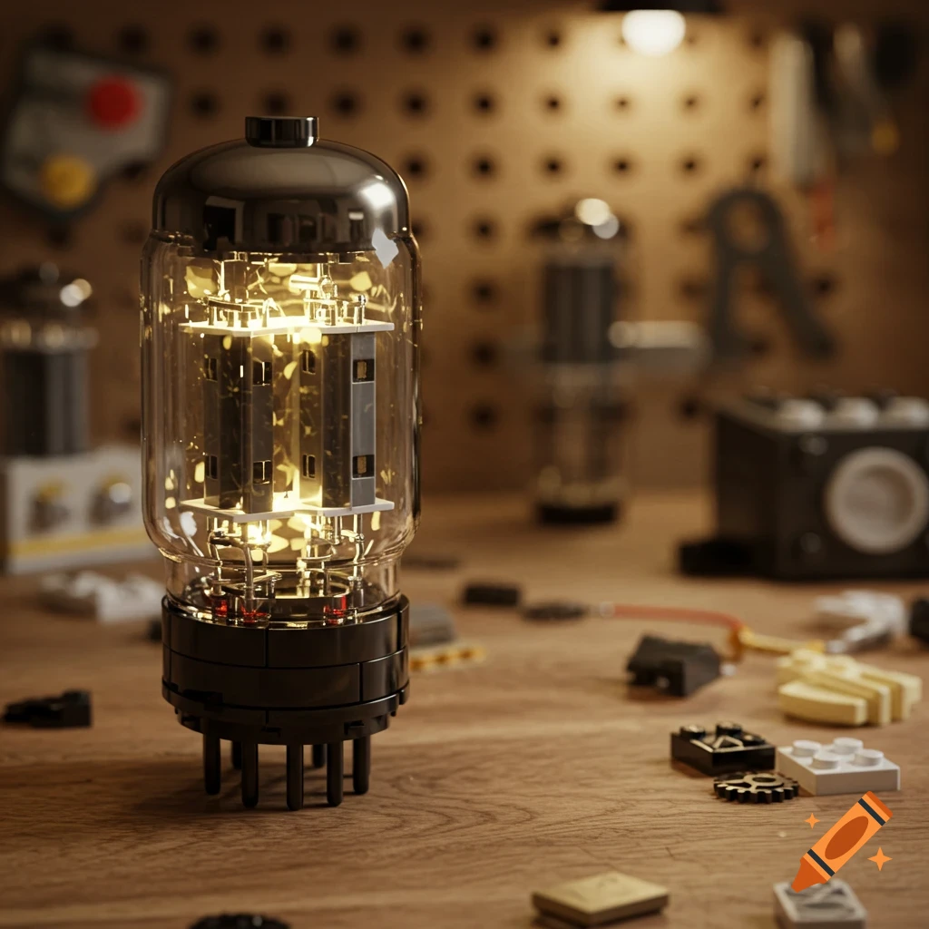 A glowing Lego vacuum tube stands prominently on a wooden workbench, surrounded by other blurry Lego bricks and tools in the background.