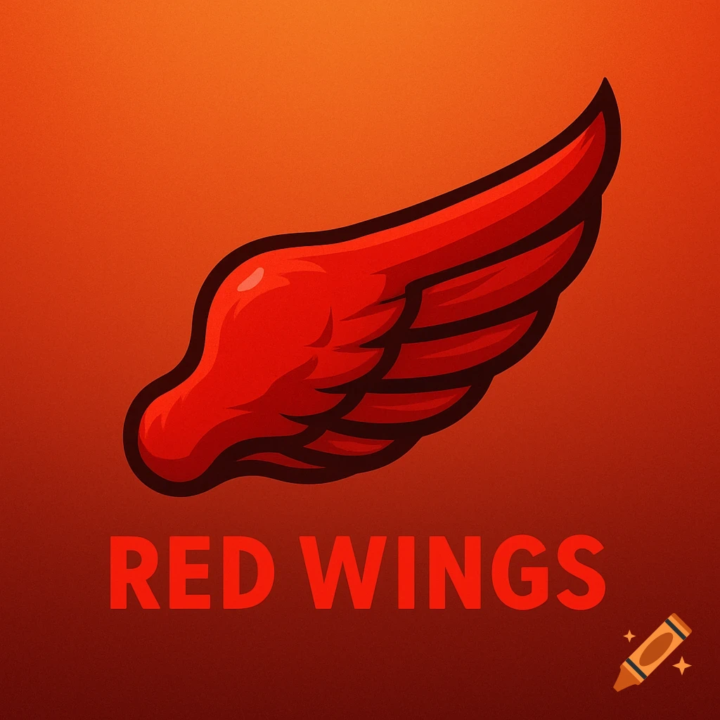 Stylized red wing logo with the text 'RED WINGS' on a gradient red-orange background.