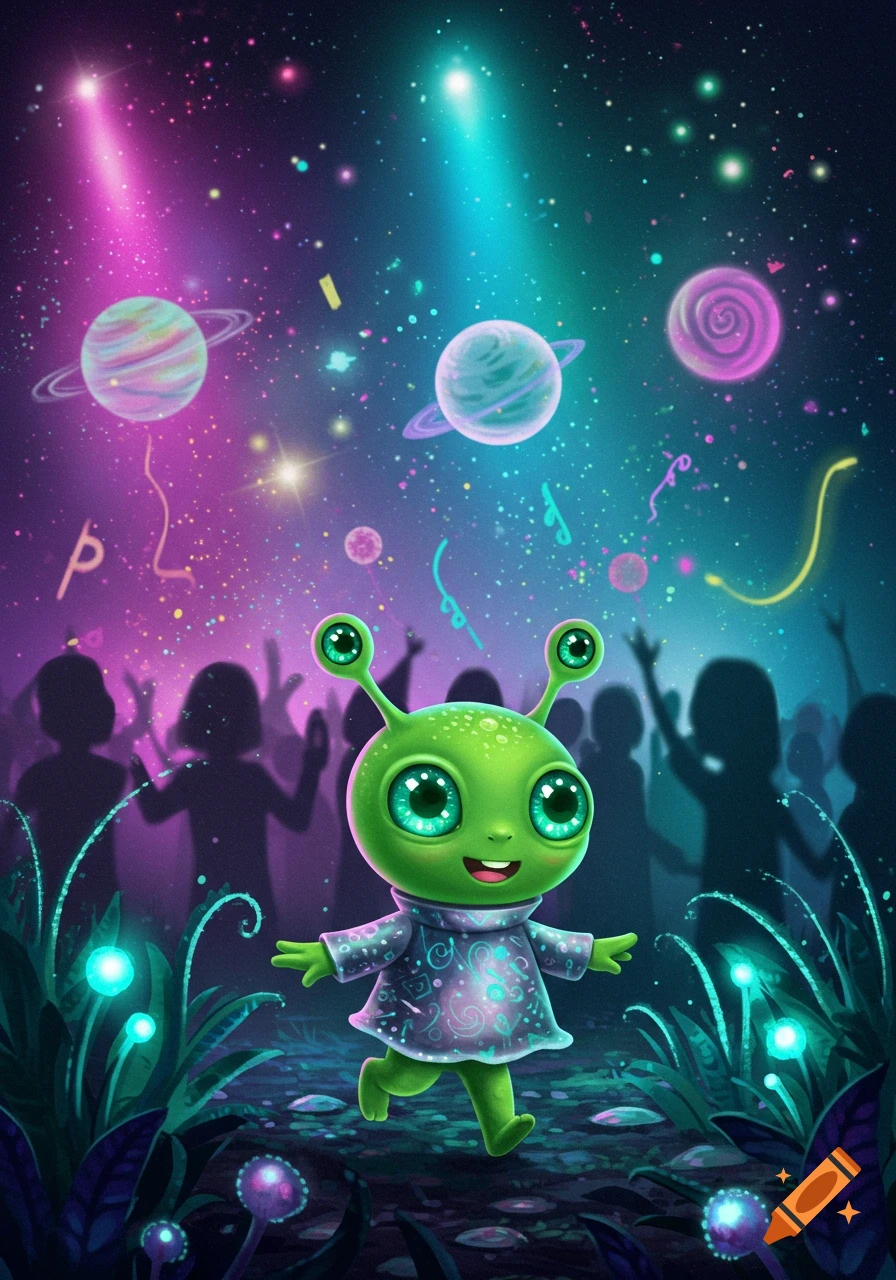 A cute green alien in a patterned shirt runs through a vibrant neon space party with planets, glowing plants, and dancing silhouettes.