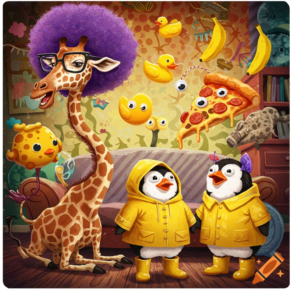 Vibrant cartoon of a giraffe with a purple afro and glasses, two penguins in yellow raincoats, and floating whimsical items.
