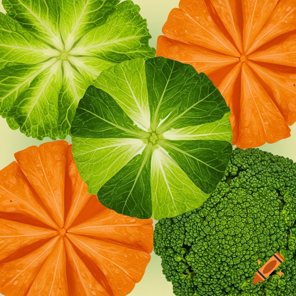 Overhead view of abstract circular patterns of green lettuce, orange carrot, and broccoli on a light background.