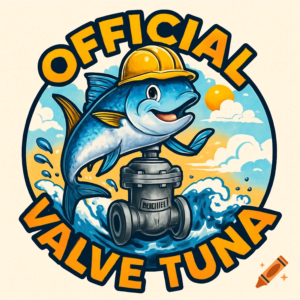 A fun cartoon logo of a blue tuna fish wearing a yellow hard hat, leaping from waves and riding a gray industrial valve. Text reads "OFFICIAL VALVE TUNA".