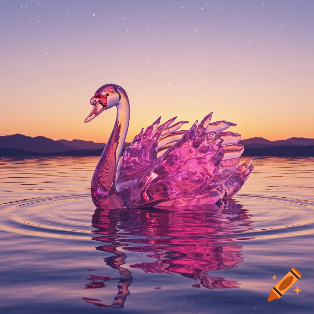 A vibrant pink and purple glass swan floats peacefully on calm water at sunset, with mountains in the distance and faint stars in the sky.